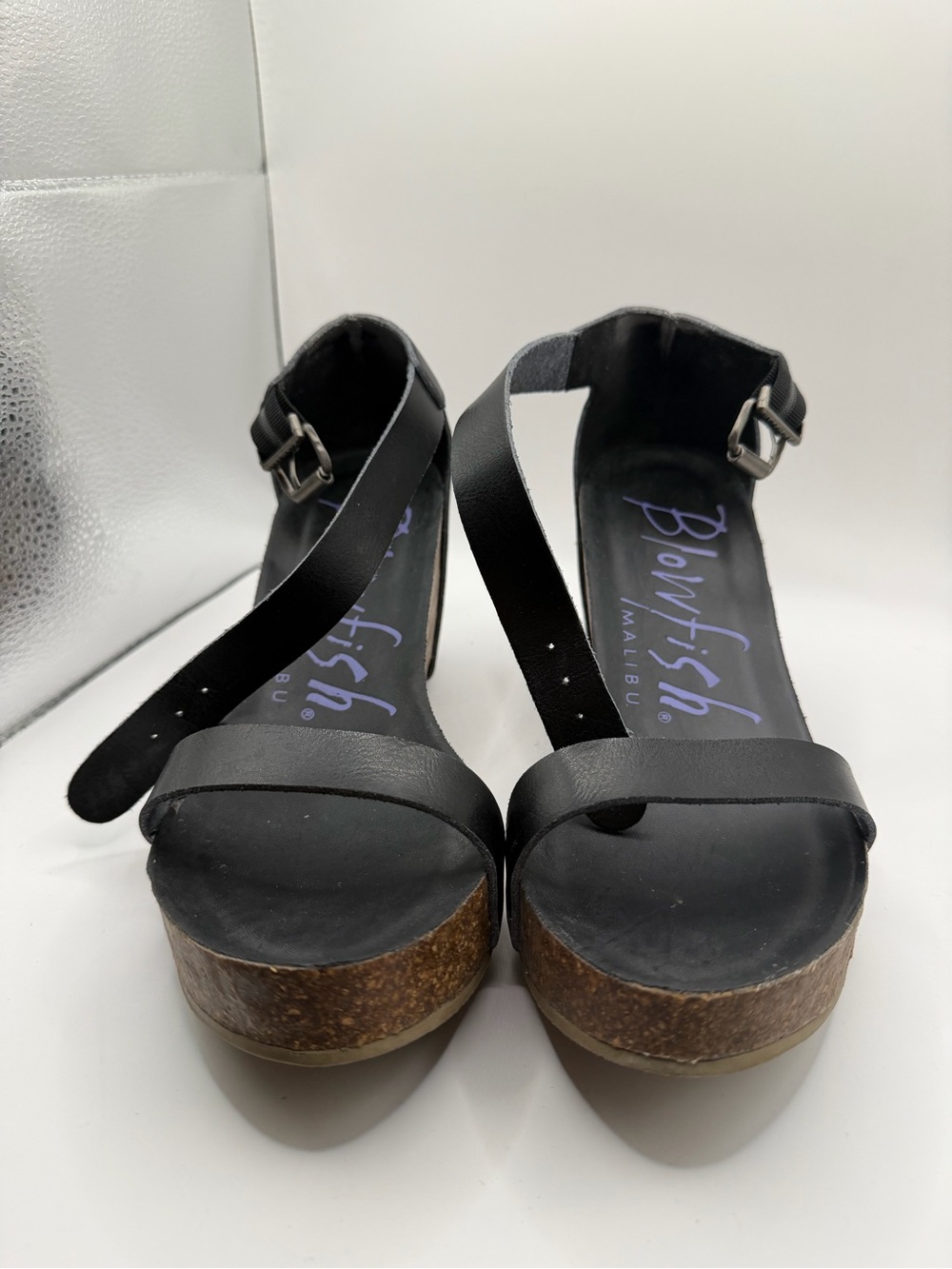 Blowfish Malibu Black Cork Platform Wedge Sandals with Ankle Strap